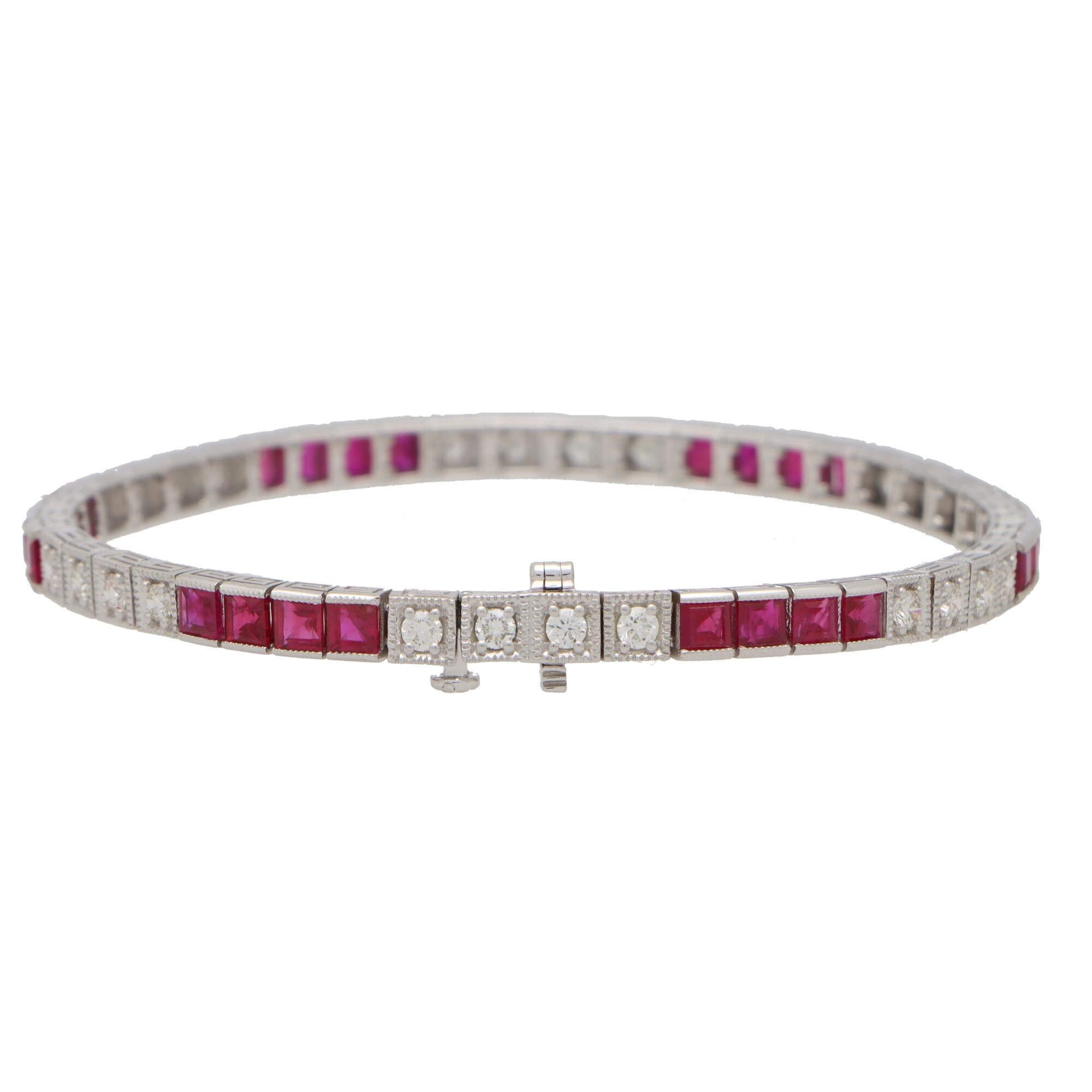 Round Cut Contemporary Ruby and Diamond Line Tennis Bracelet Set in 18k White Gold For Sale