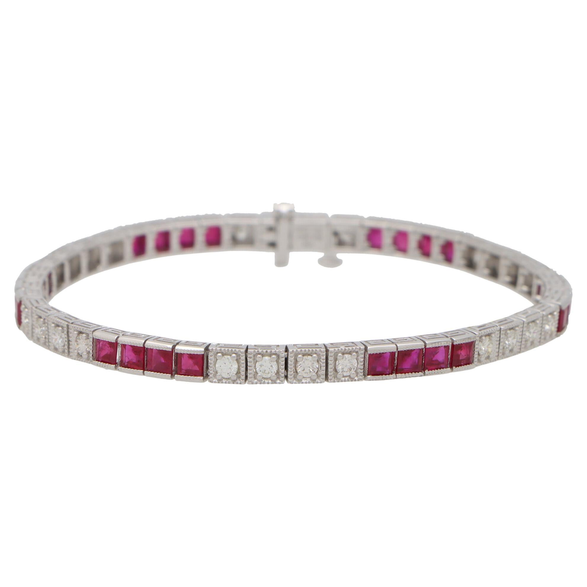 Contemporary Ruby and Diamond Line Tennis Bracelet Set in 18k White Gold For Sale