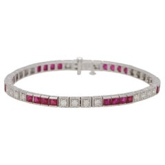 Contemporary Ruby and Diamond Line Tennis Bracelet Set in 18k White Gold