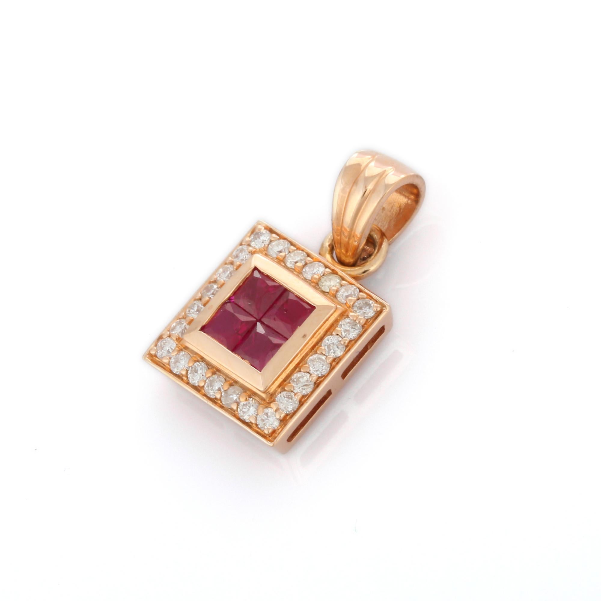Square Cut Contemporary Ruby and Diamond Square Pendant in 14K Solid Rose Gold For Sale