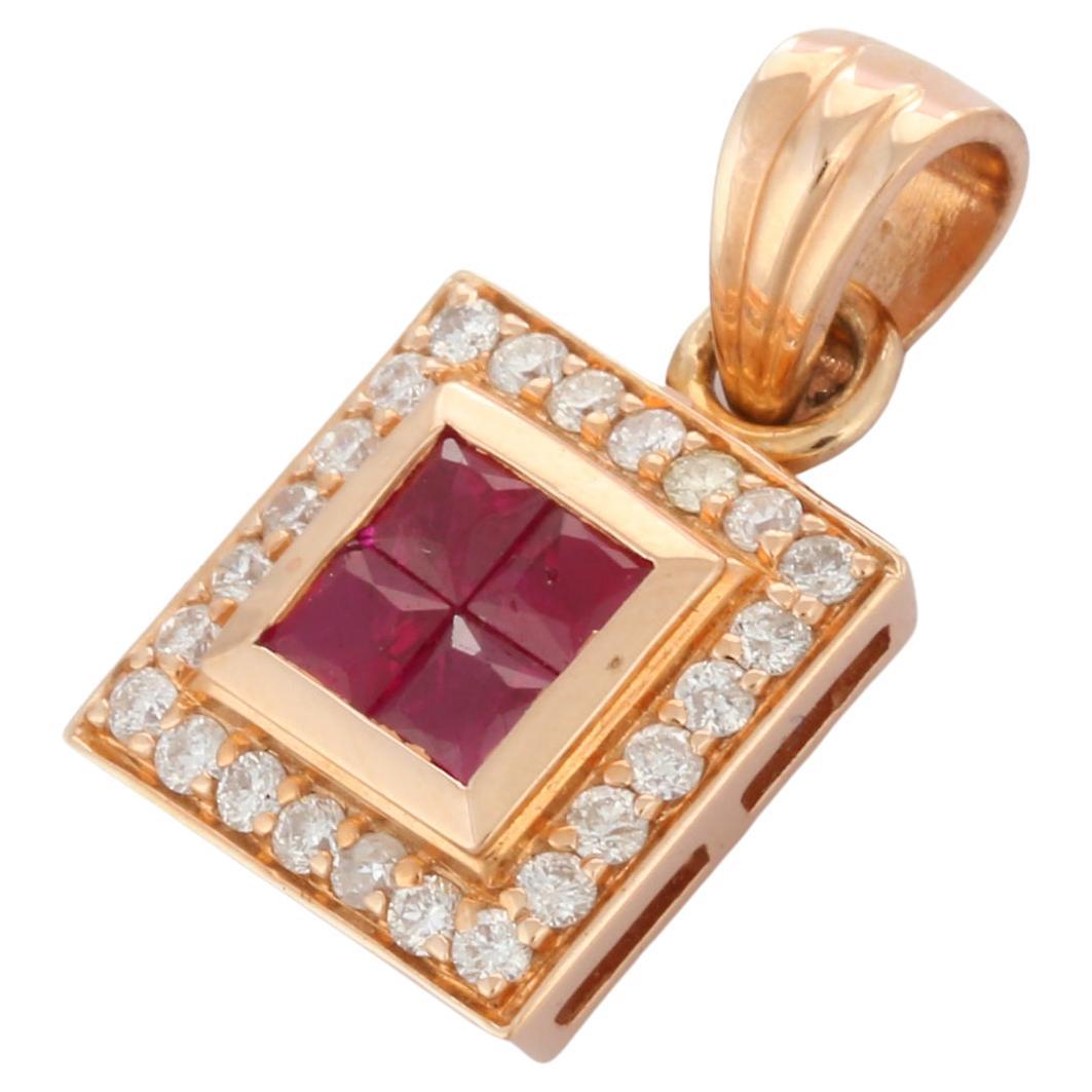 Pendentif carré contemporain en or rose massif 14 carats avec rubis et diamants