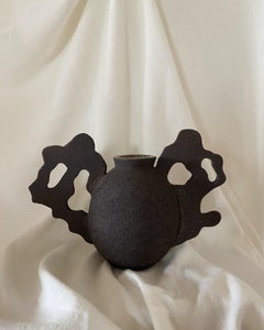 Contemporary Ruby Bell Ceramics Black Round Vessel with Organic Side Detail