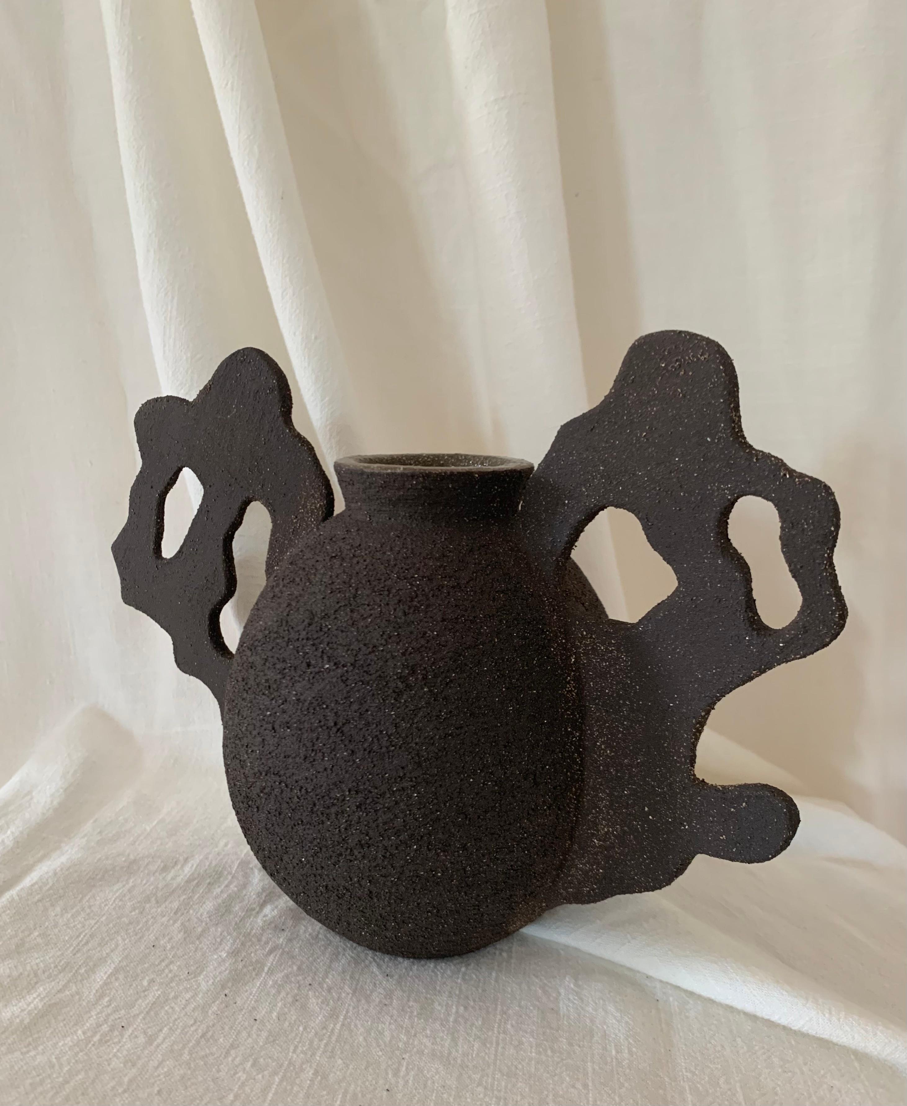 Brutalist Contemporary Ruby Bell Ceramics Black Round Vessel with Organic Side Detail For Sale