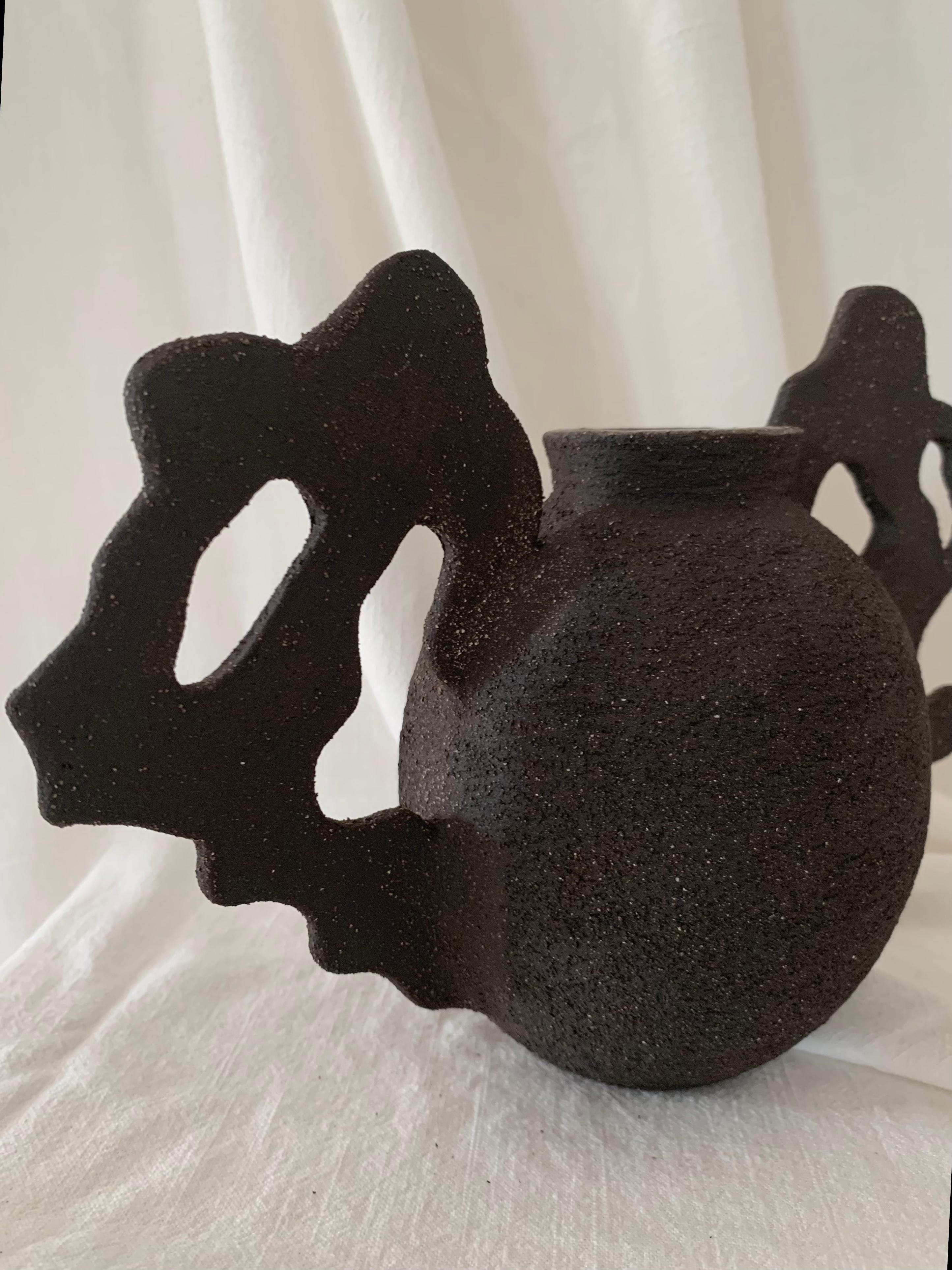 Glazed Contemporary Ruby Bell Ceramics Black Round Vessel with Organic Side Detail For Sale