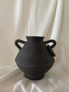 Contemporary Ruby Bell Ceramics Black Short Geometric Vase with Handles and Ring