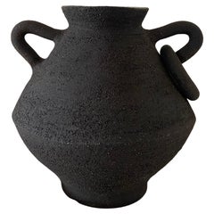 Contemporary Ruby Bell Ceramics Black Short Geometric Vase with Handles and Ring