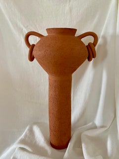 Contemporary Ruby Bell Ceramics Terracotta Pedestal Vase with Handles and Rings