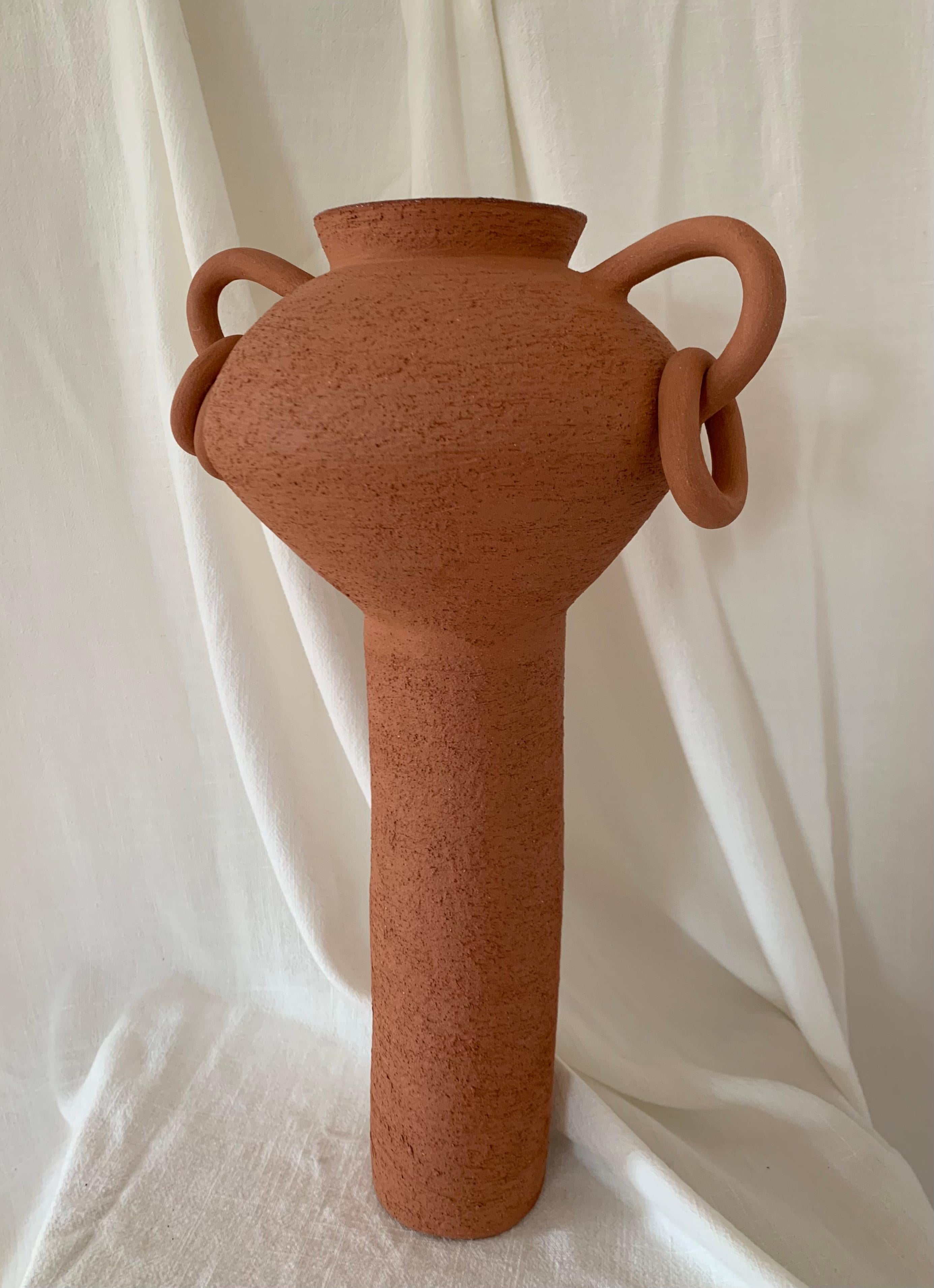 Brutalist Contemporary Ruby Bell Ceramics Terracotta Pedestal Vase with Handles and Rings