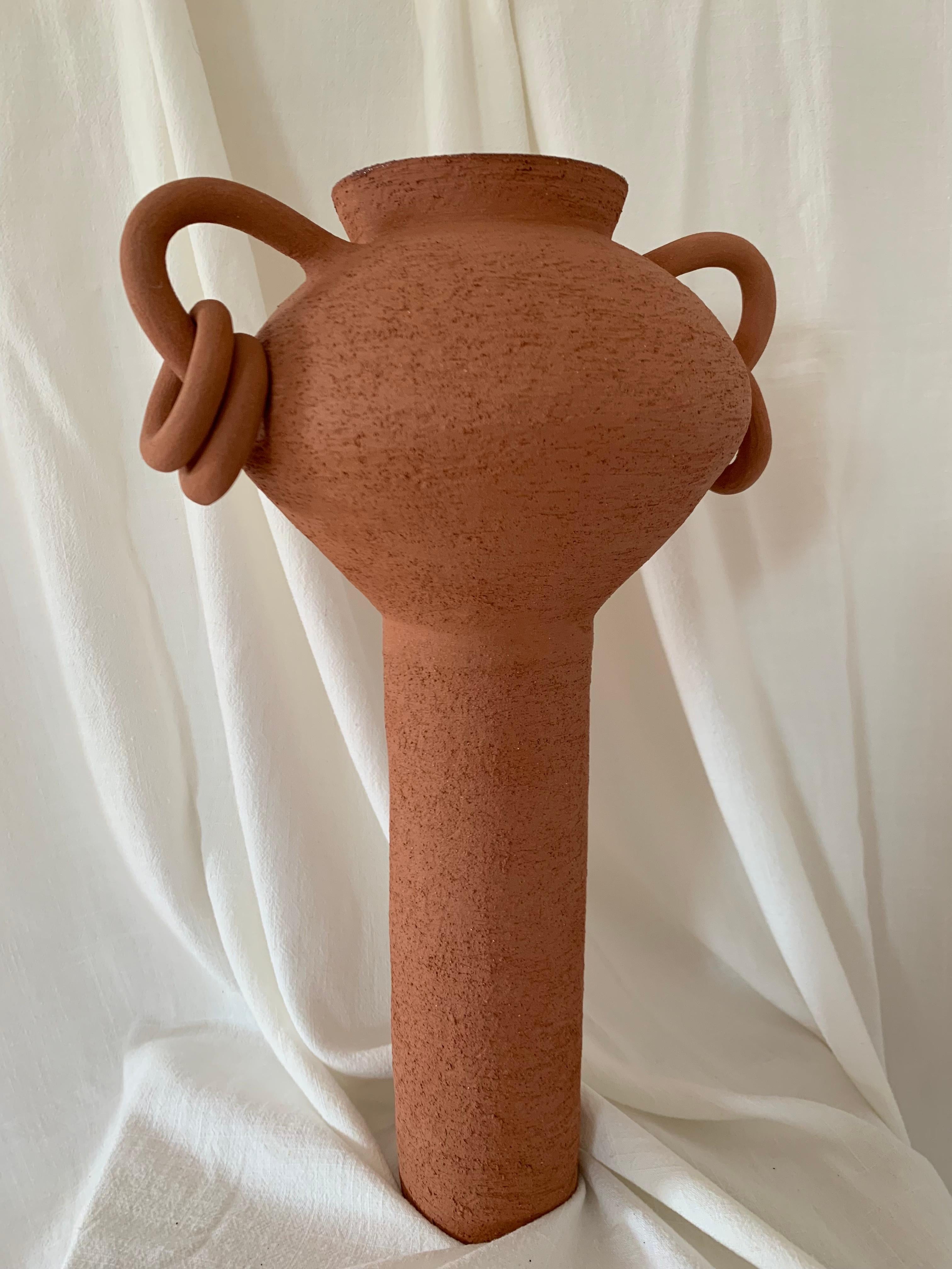 Glazed Contemporary Ruby Bell Ceramics Terracotta Pedestal Vase with Handles and Rings