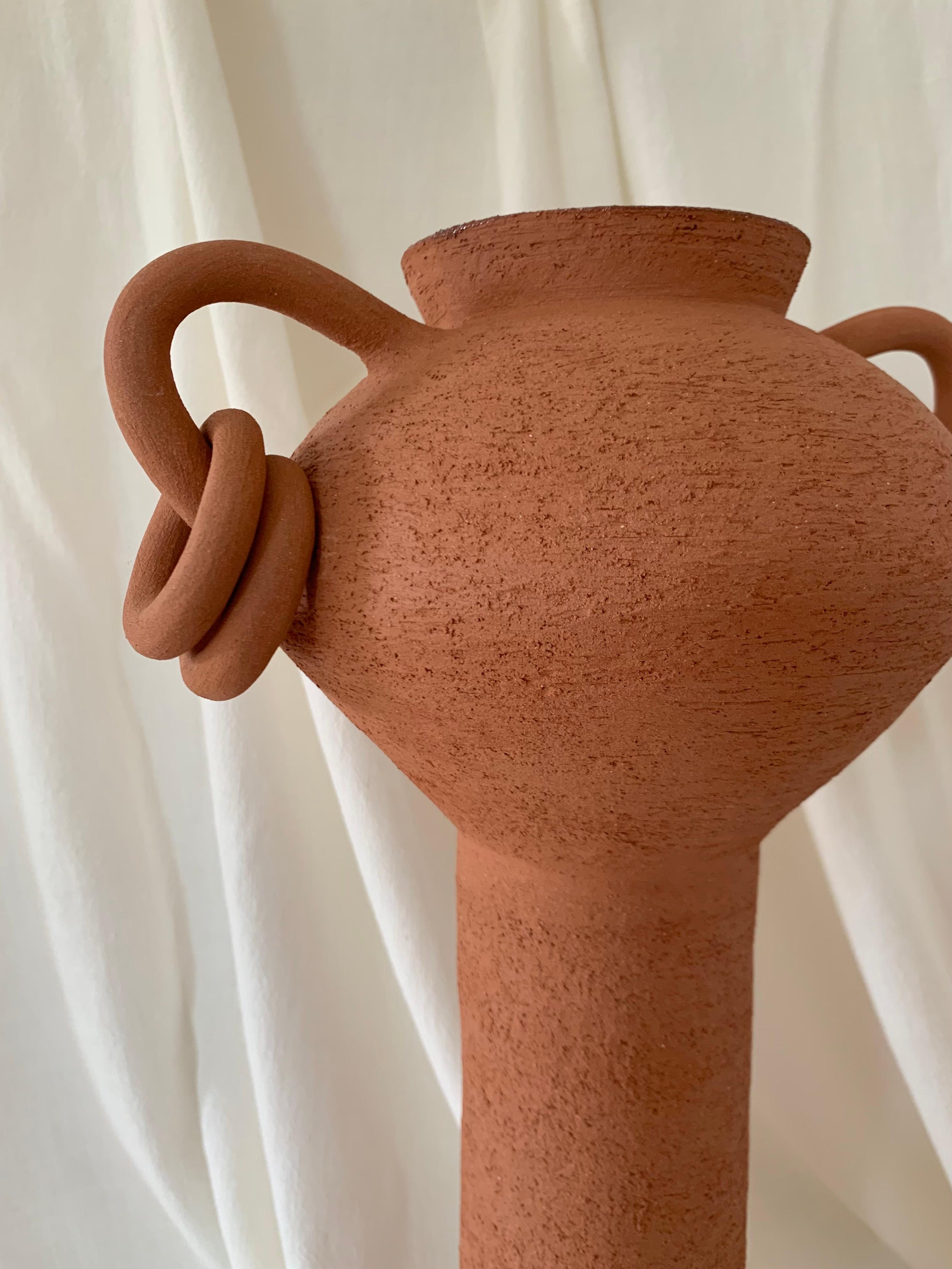 Contemporary Ruby Bell Ceramics Terracotta Pedestal Vase with Handles and Rings In New Condition In Portland, OR