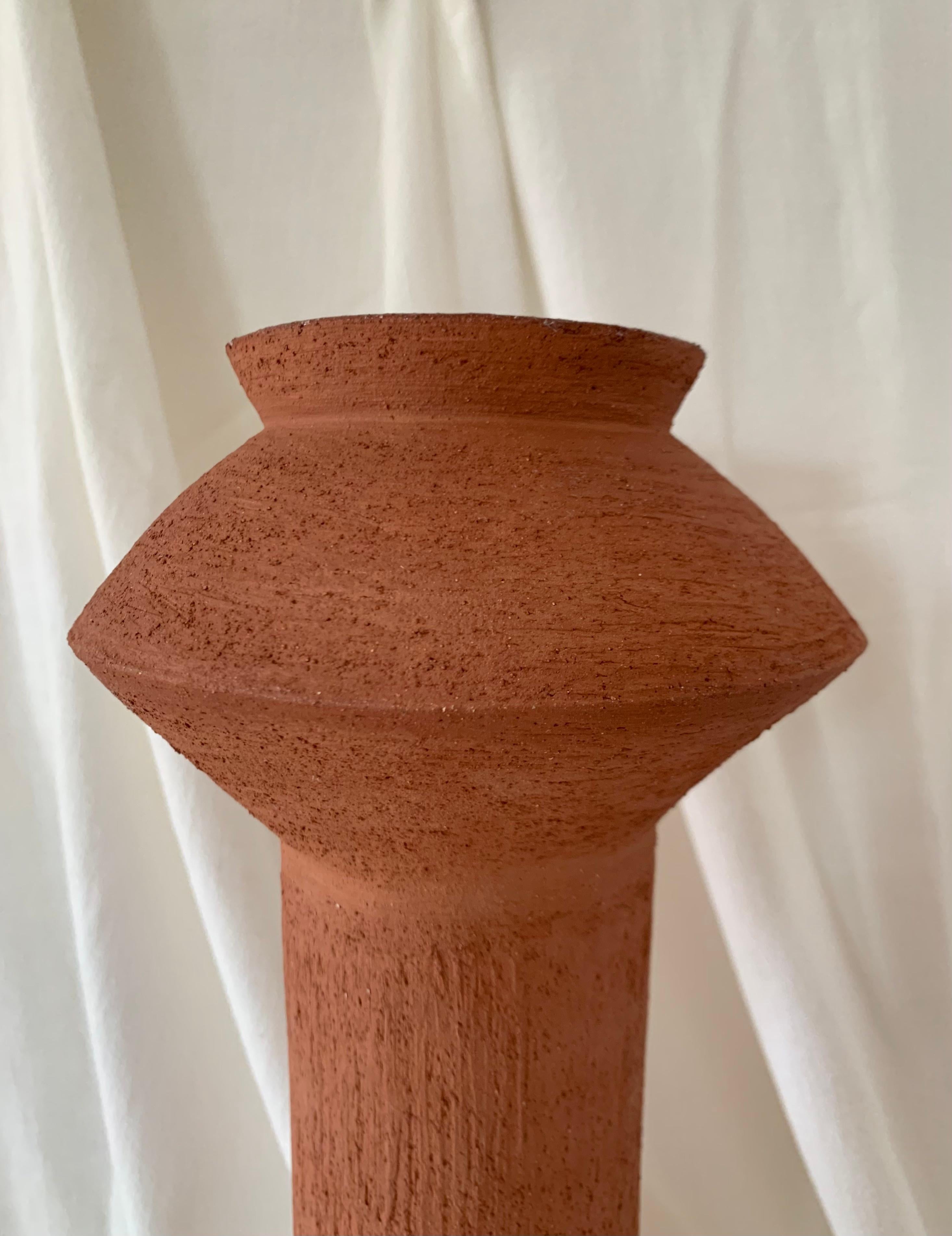Brutalist Contemporary Ruby Bell Ceramics Terracotta Tall Pedestal Vase For Sale