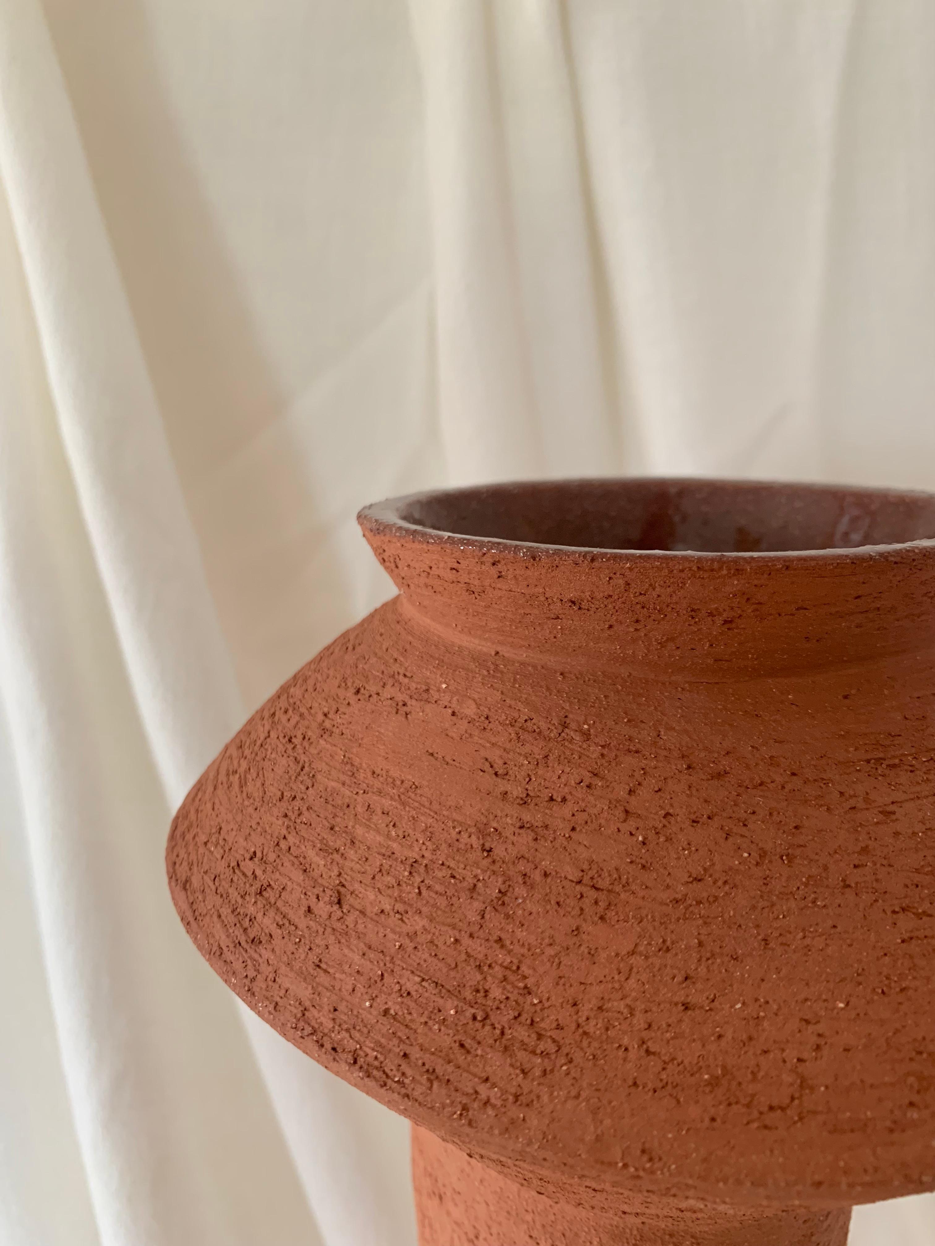 Glazed Contemporary Ruby Bell Ceramics Terracotta Tall Pedestal Vase For Sale