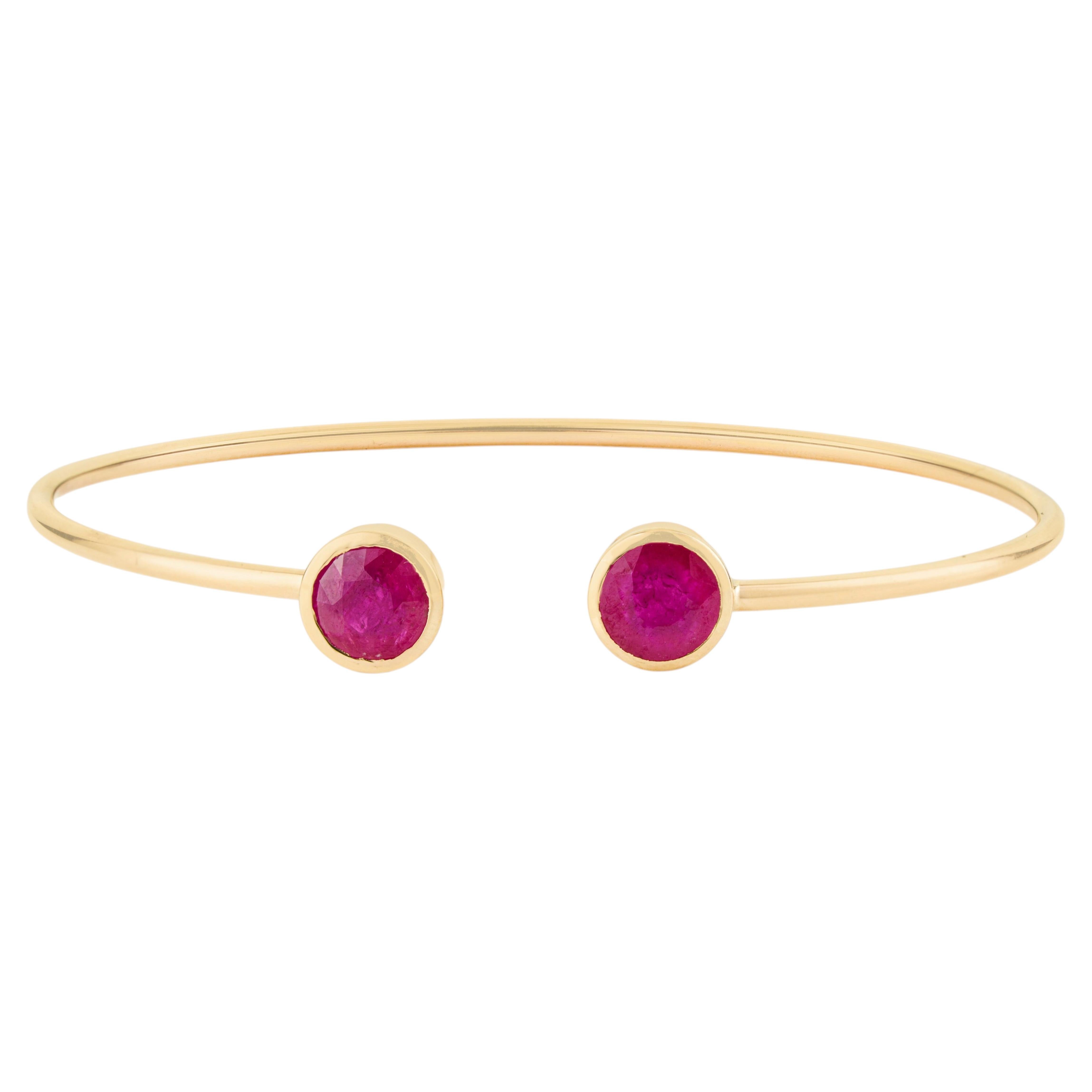 Contemporary Ruby Bezel-Set Open Cuff Bangle Bracelet 3.08ct in 14K Yellow Gold