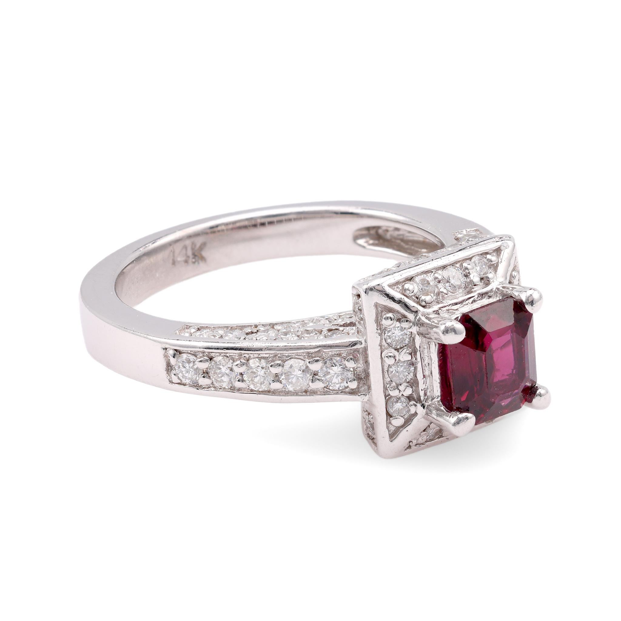 Asscher Cut Contemporary Ruby Diamond 14K White Gold Pave Ring