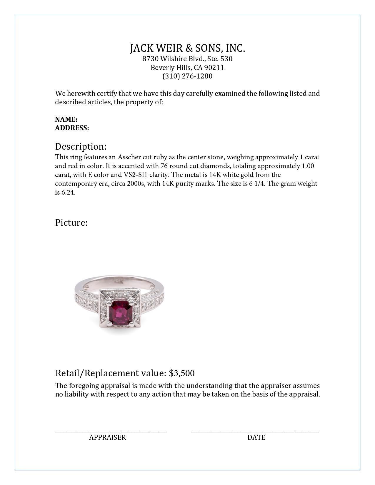 Contemporary Ruby Diamond 14K White Gold Pave Ring In Excellent Condition In Beverly Hills, CA