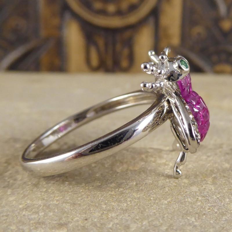Modern Contemporary Ruby Diamond and Emerald Set Bee Ring in 18ct White Gold
