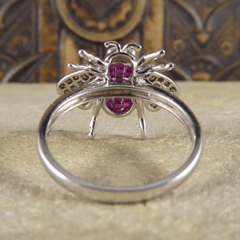 Round Cut Contemporary Ruby Diamond and Emerald Set Bee Ring in 18ct White Gold