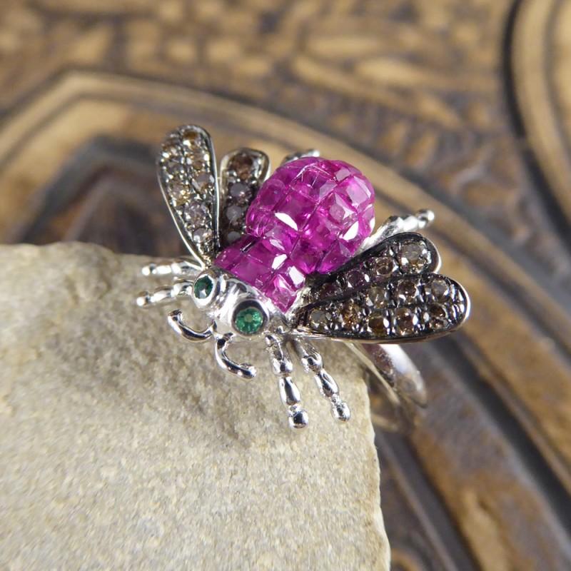 Contemporary Ruby Diamond and Emerald Set Bee Ring in 18ct White Gold 1