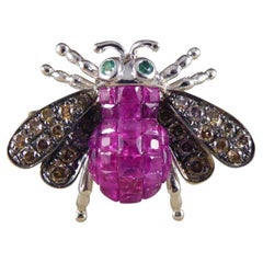 Contemporary Ruby Diamond and Emerald set Bee Ring in 18ct White Gold
