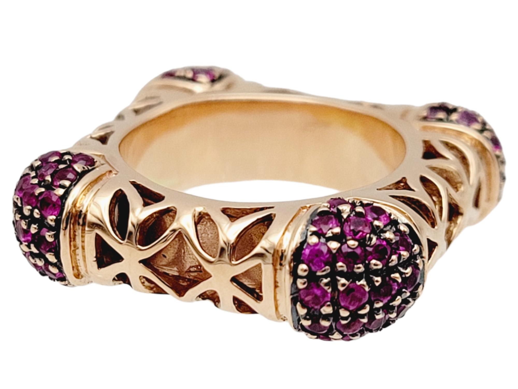 Round Cut Contemporary Ruby Filigree Square Statement Band Ring in 14 Karat Rose Gold For Sale