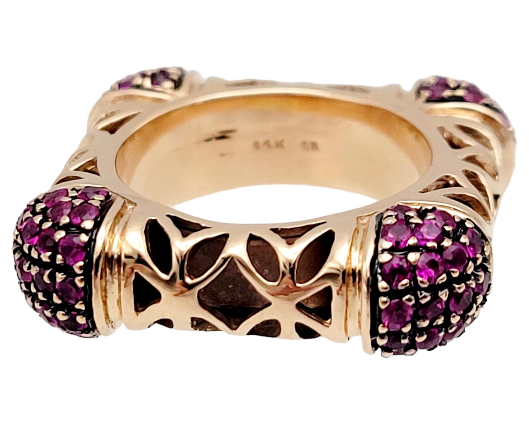 Contemporary Ruby Filigree Square Statement Band Ring in 14 Karat Rose Gold In Good Condition For Sale In Scottsdale, AZ