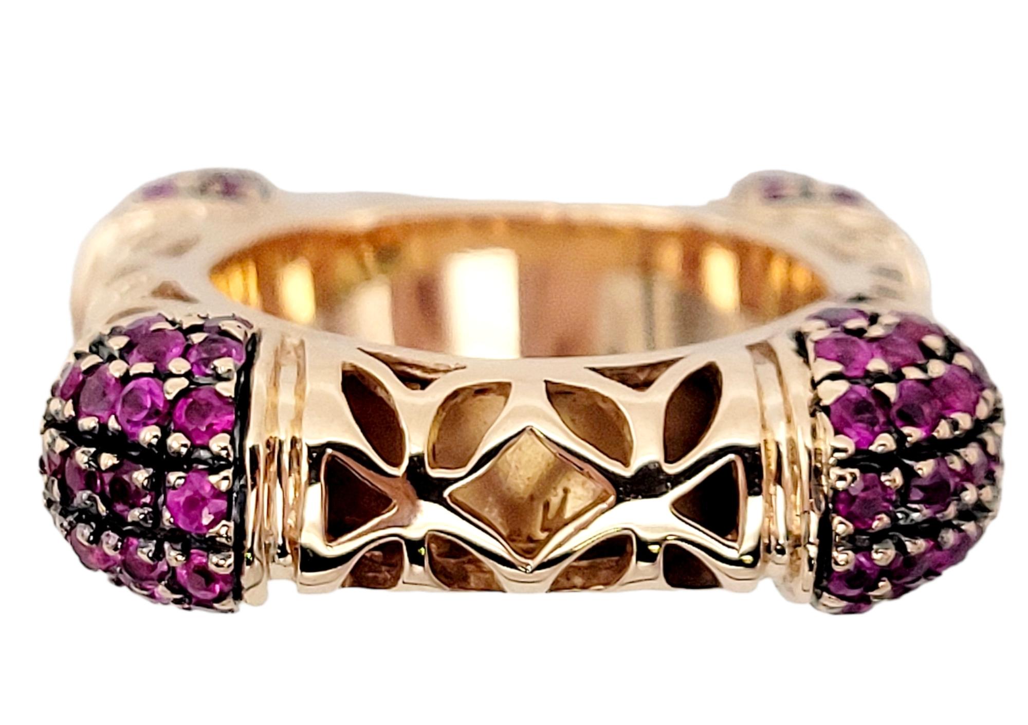 Women's Contemporary Ruby Filigree Square Statement Band Ring in 14 Karat Rose Gold For Sale