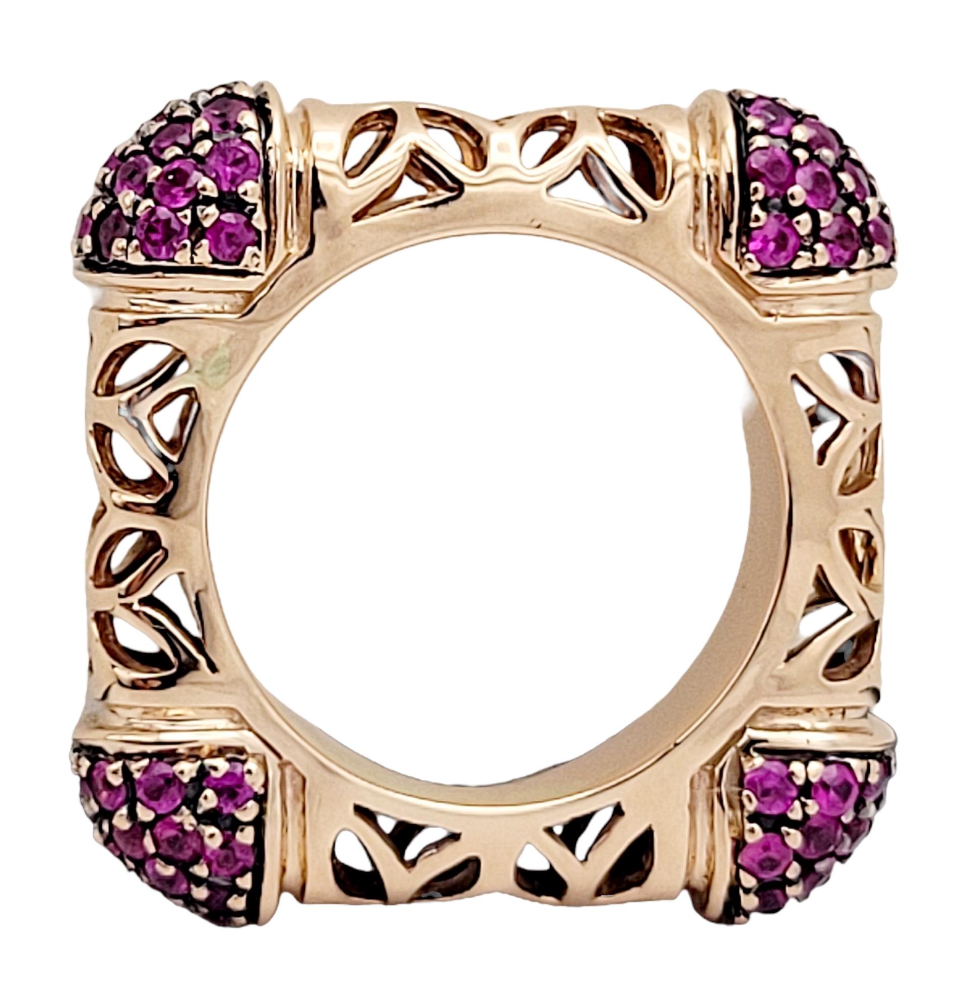 Contemporary Ruby Filigree Square Statement Band Ring in 14 Karat Rose Gold For Sale 1