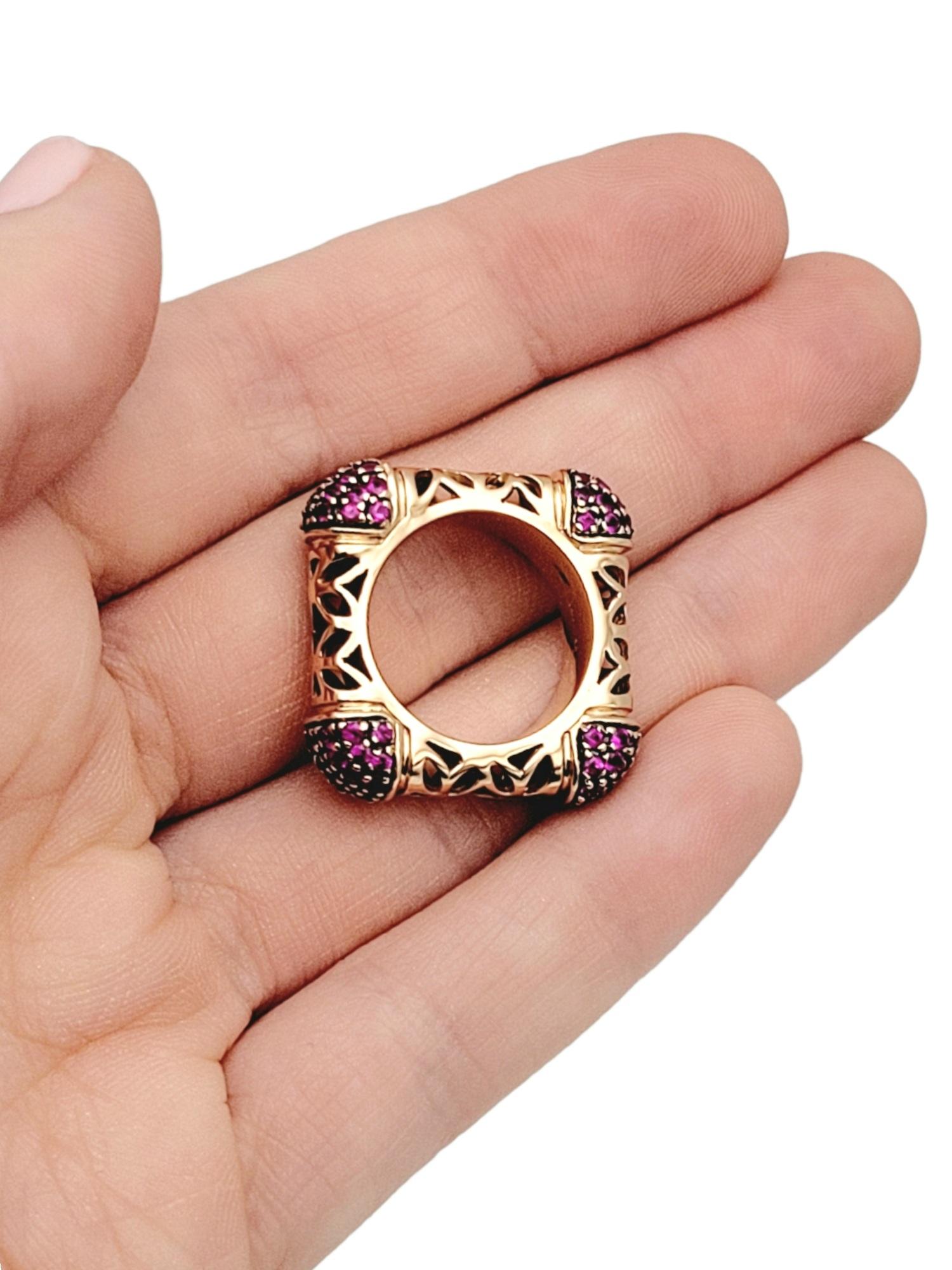 Contemporary Ruby Filigree Square Statement Band Ring in 14 Karat Rose Gold For Sale 2