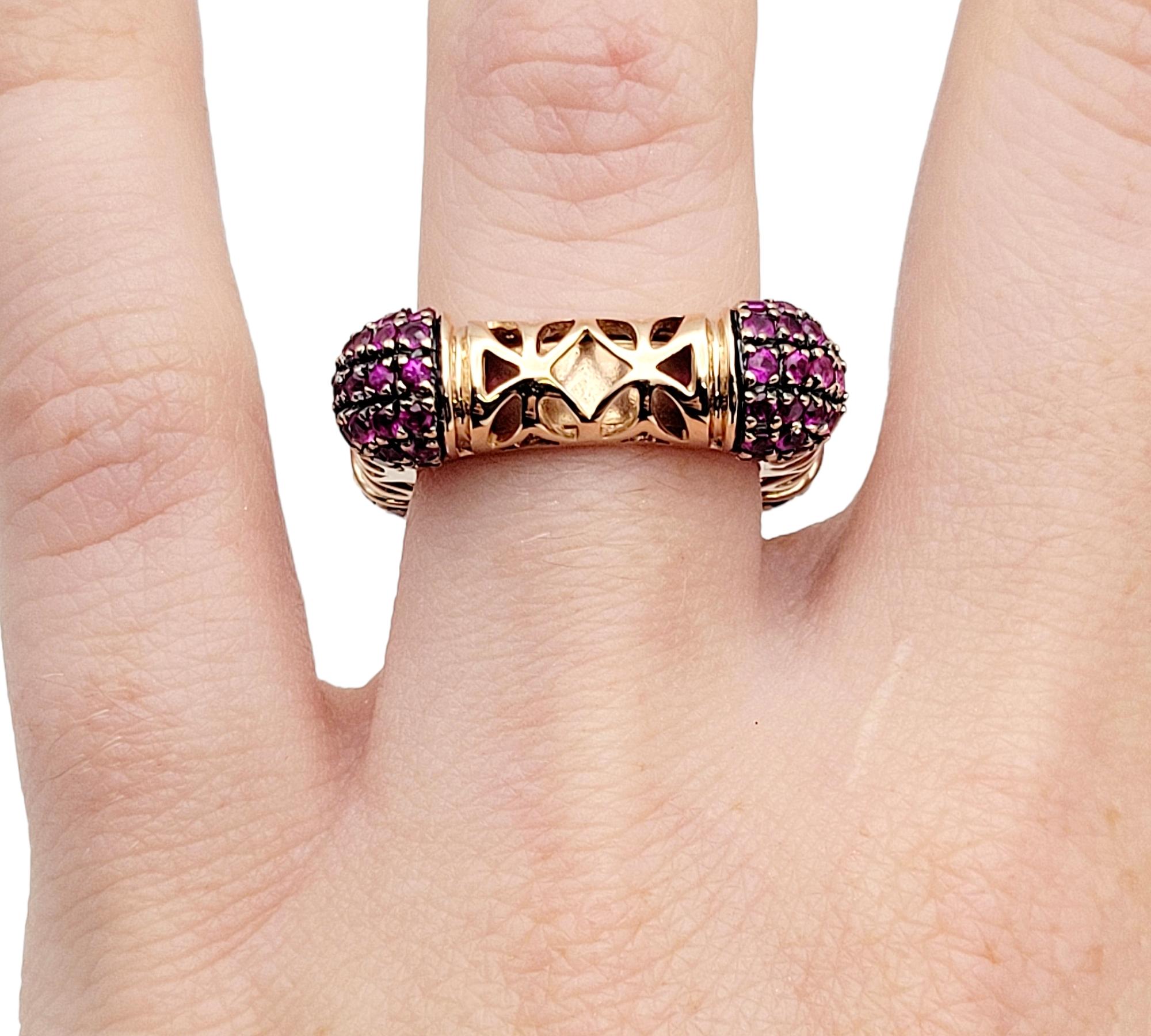 Contemporary Ruby Filigree Square Statement Band Ring in 14 Karat Rose Gold For Sale 3