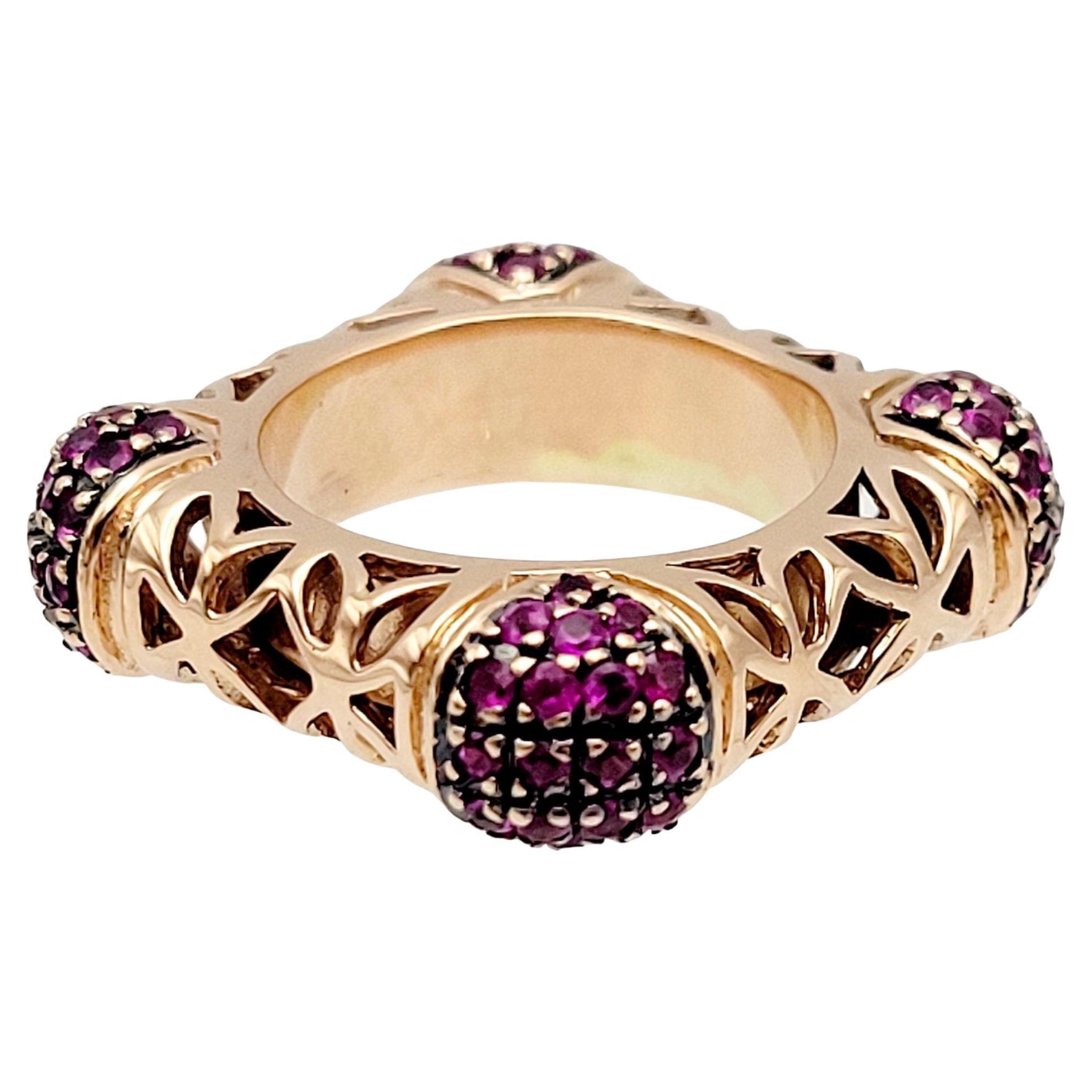 Contemporary Ruby Filigree Square Statement Band Ring in 14 Karat Rose Gold For Sale