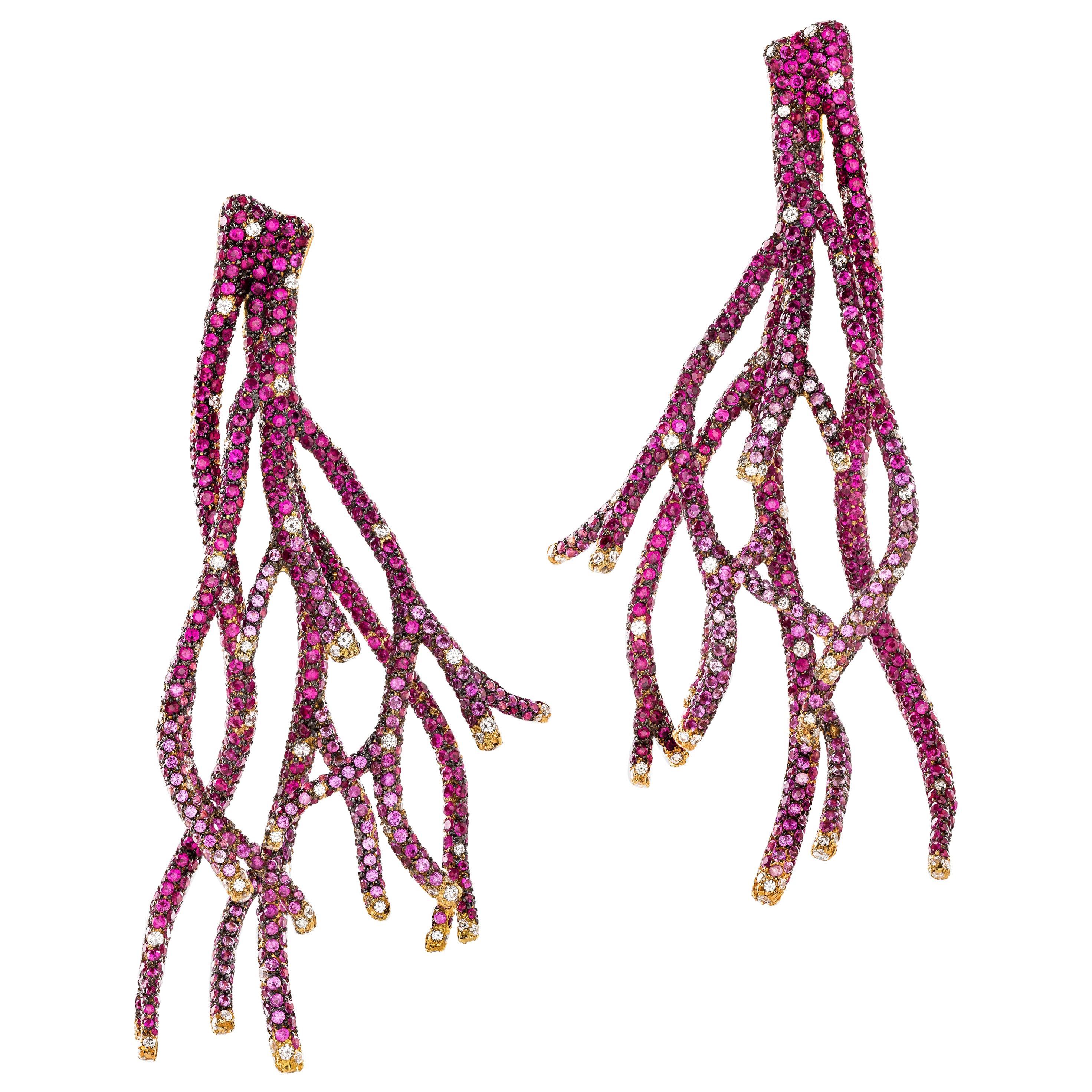 Rosior one-off Ruby, Sapphire and Diamond "Coral" Earrings set in Yellow Gold 