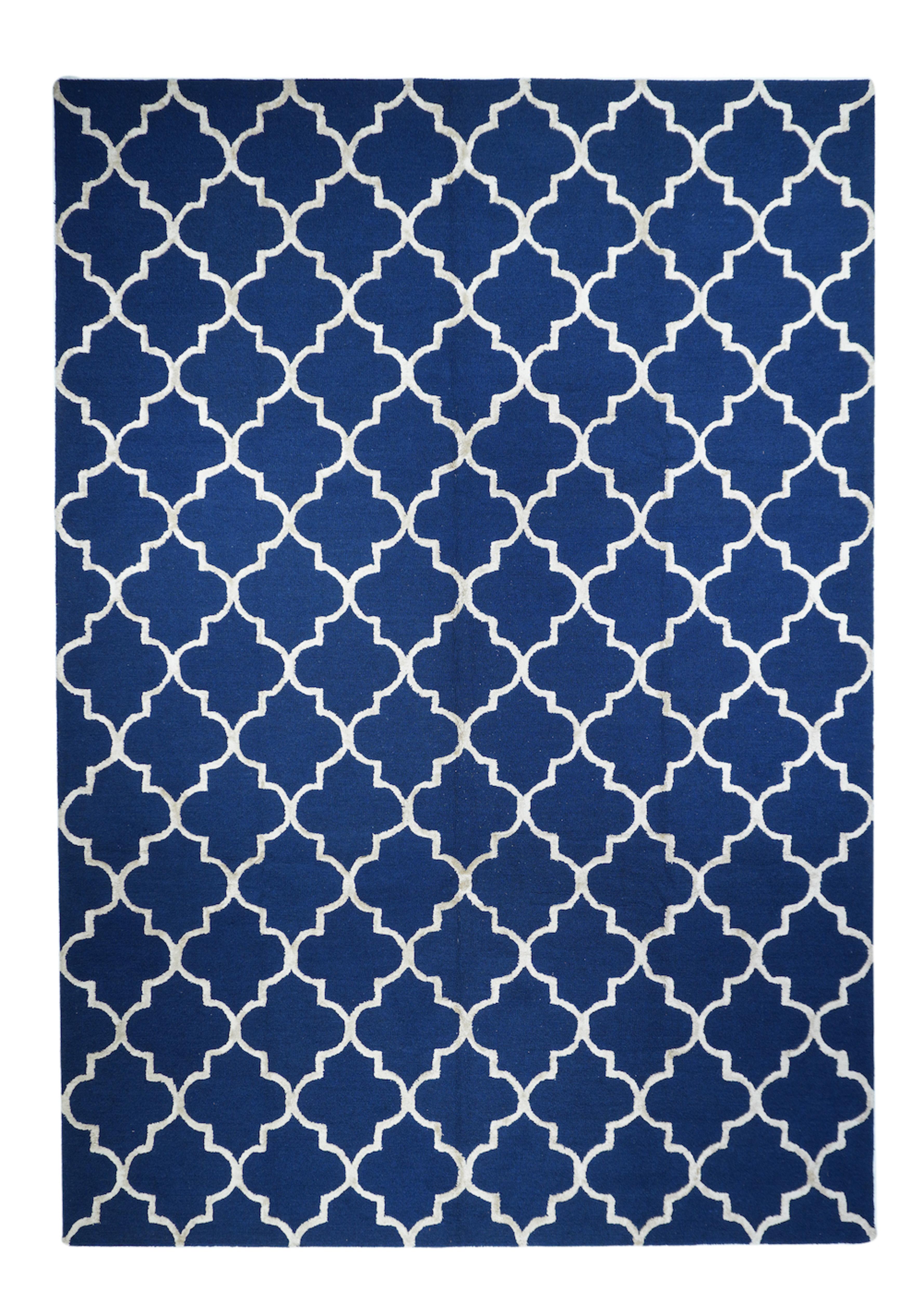 Contemporary Rug 9'3'' x 13'0'' 
This recent, borderless bitonal room size shows a pared-down cartouche lattice in Mughal style, but with the defined reserves unpatterned. Looks like an India jali (stone window screen). Balanced bilaterally, but