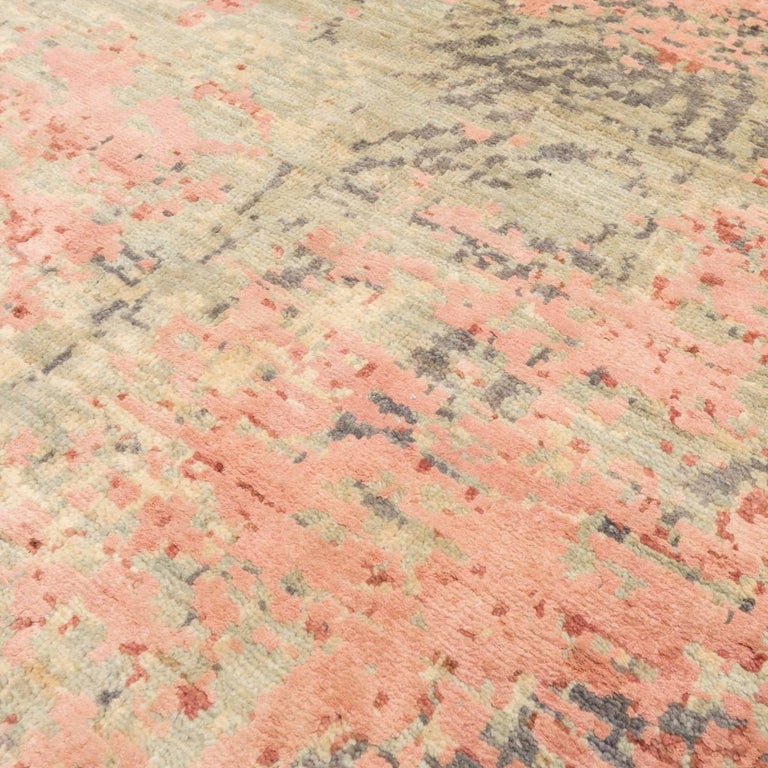 Contemporary Abstract Handmade Green and Pink Silk and Wool Rug For