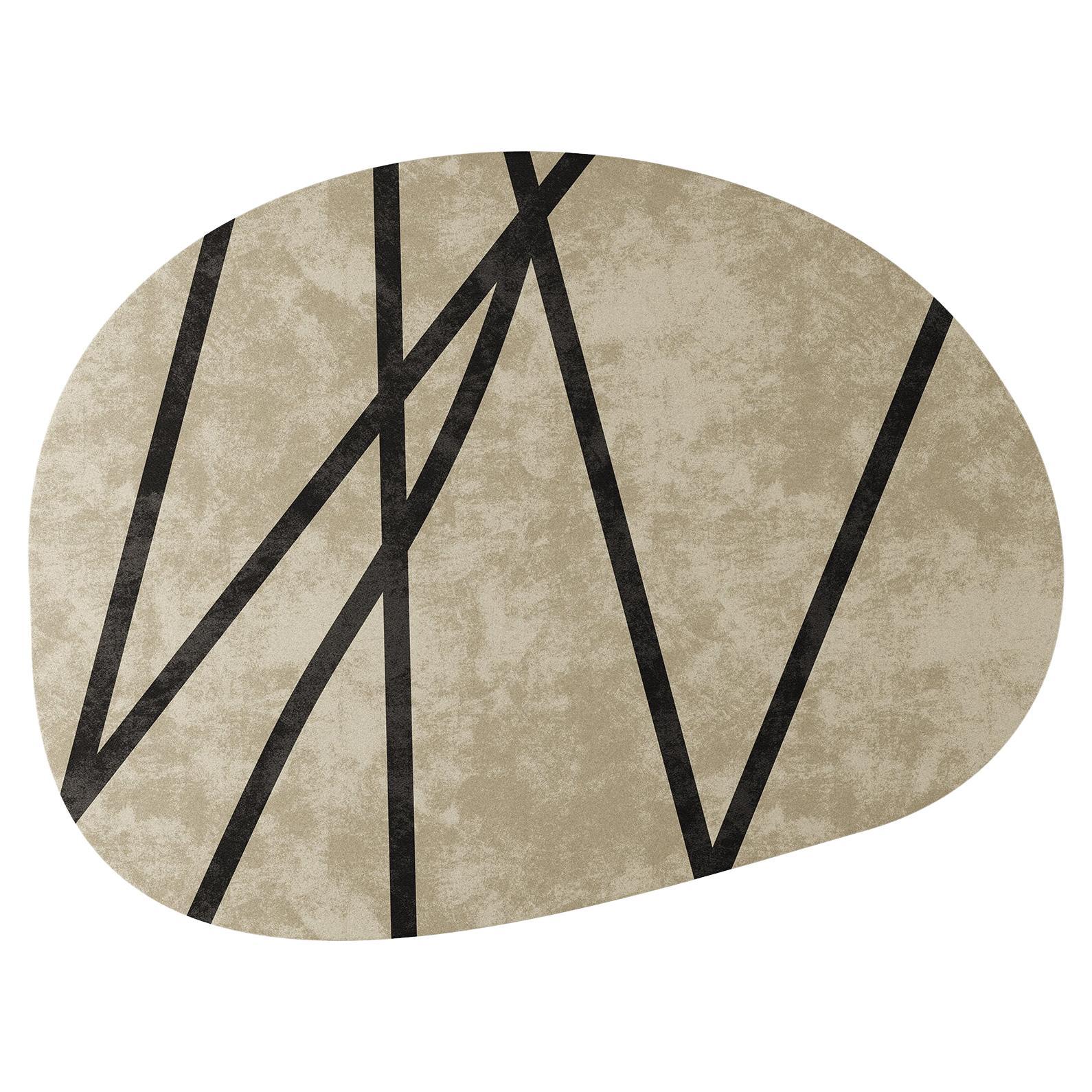 Moderner runder, anpassbarer, organischer Teppich in organischer Form in neutraler Farbe und schwarzem Detail