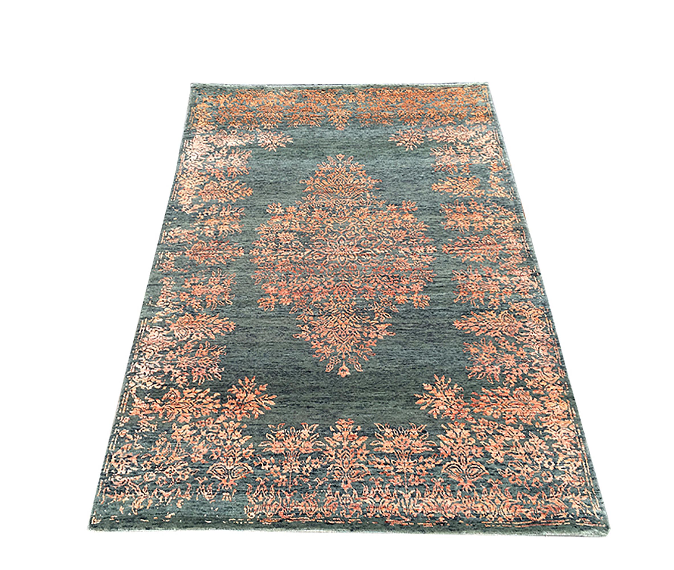 Indian Contemporary Rug with Orange and Green Floral Medallion Pattern by Rug & Kilim