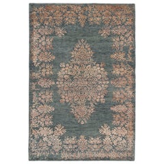 Contemporary Rug with Orange and Green Floral Medallion Pattern by Rug & Kilim