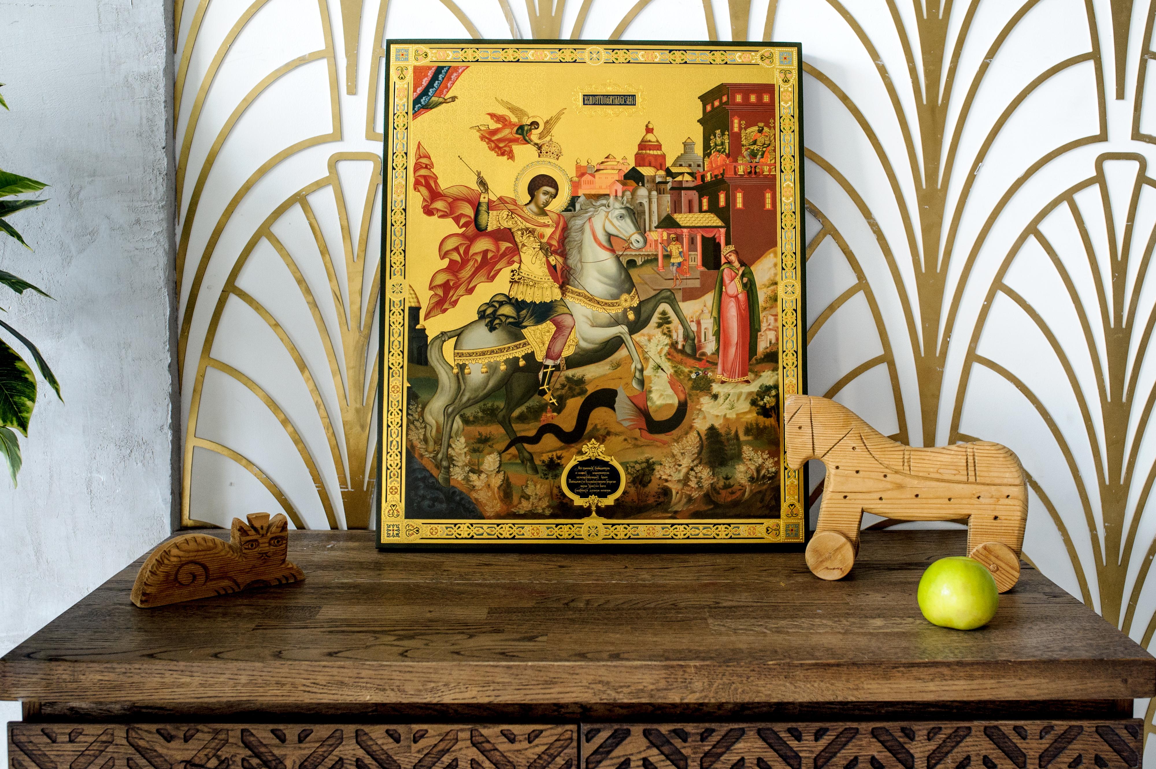 European Contemporary Russian Orthodox Icon of Saint George, Famous Palekh Art School For Sale