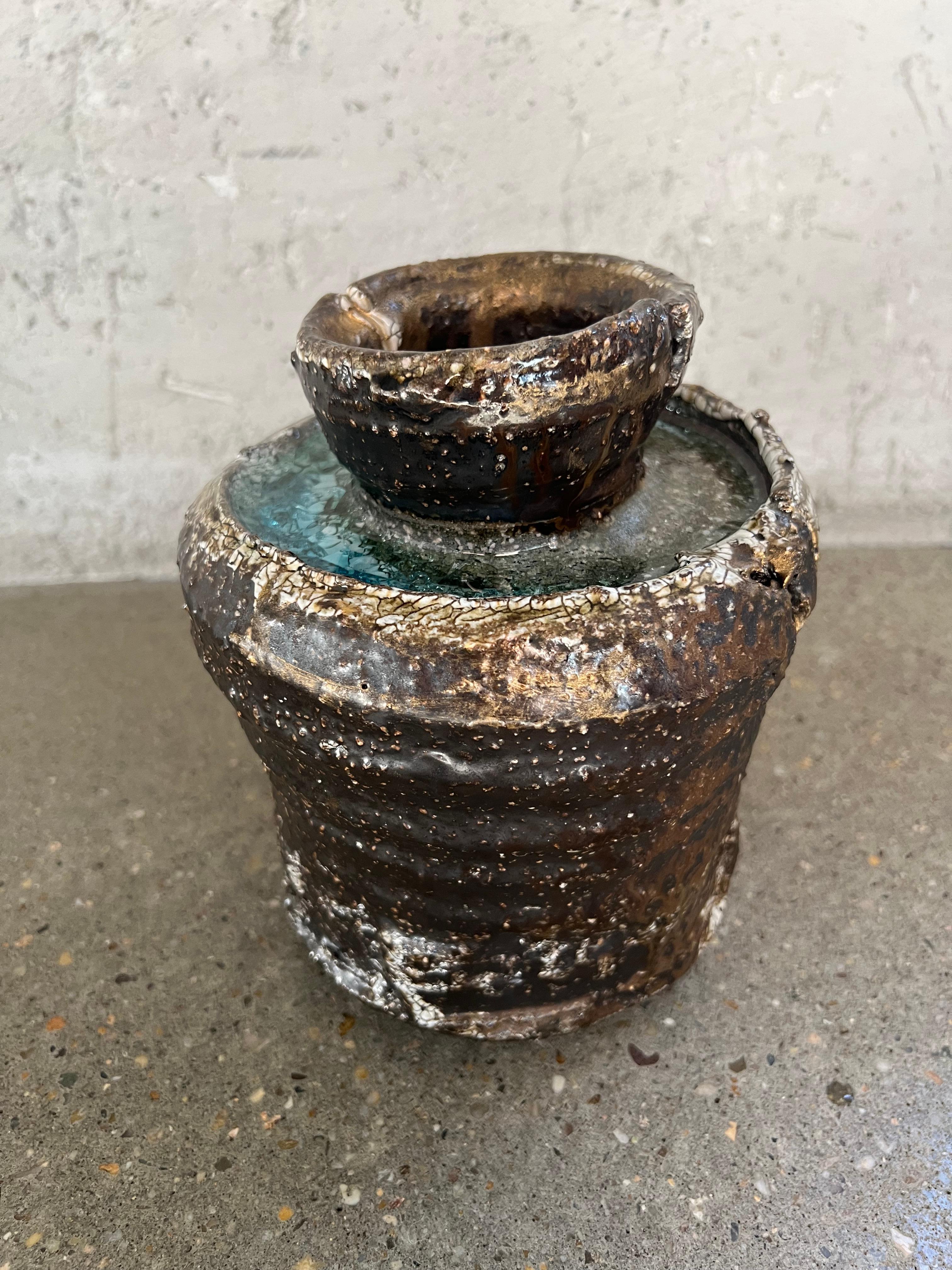 Modern Contemporary Rustic Clay and Acrylic Metallic Vessel by Jay Stroman For Sale