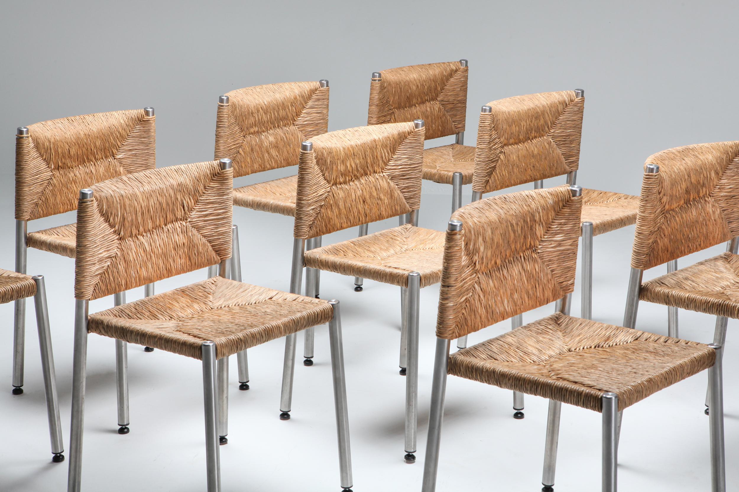 Dining chairs in seagrass and aluminum, European 1980s; Postmodern; Armchair; Dining chair; Dining set;

A Postmodern variant of a classical rustic modern design chair.
We have 10 chairs available.
