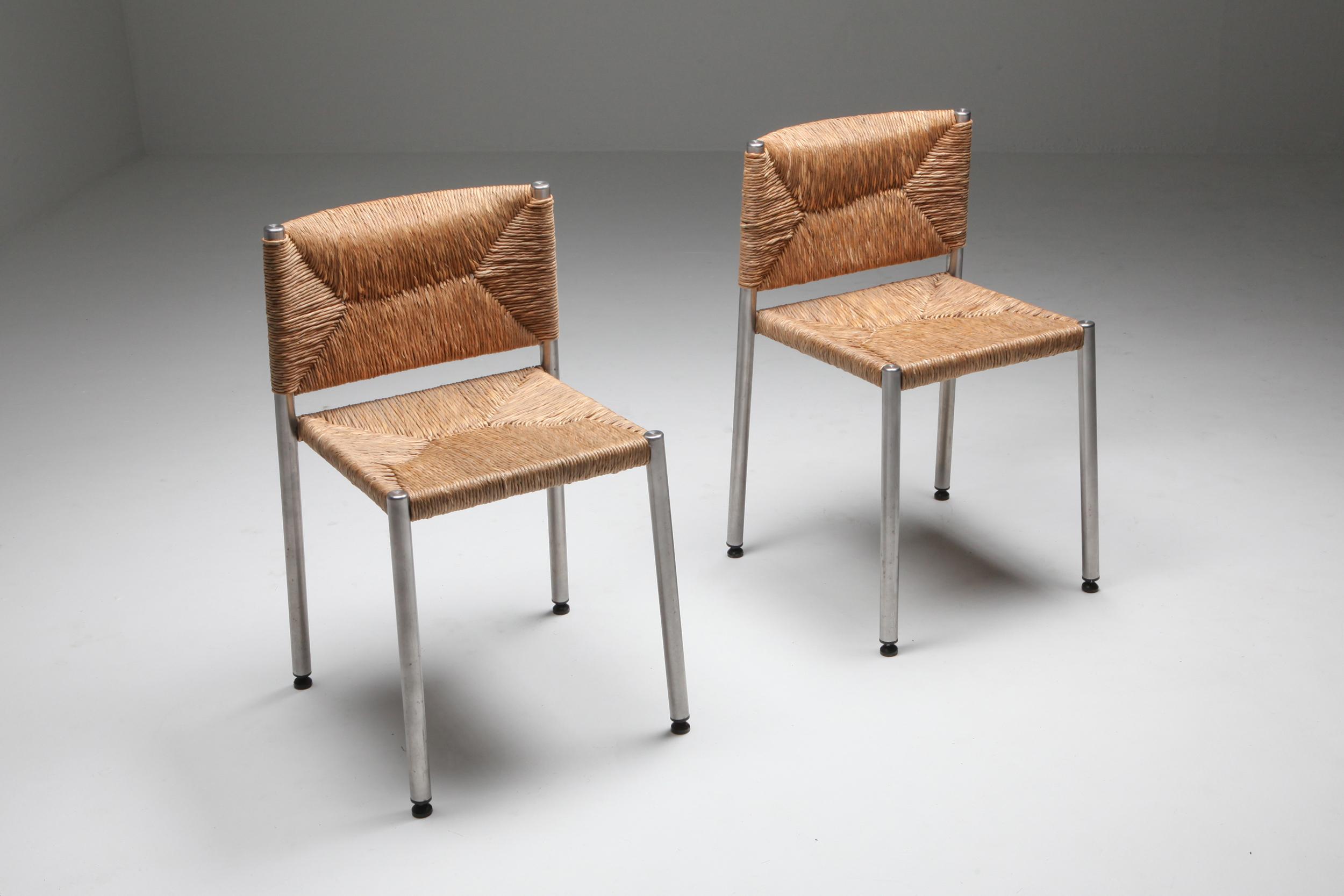 European Contemporary Rustic Modern Chairs in Seagrass and Aluminum
