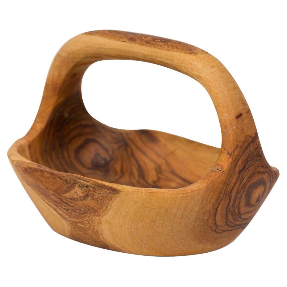 Contemporary Rustic Modern Organic Form Small Olive Wood Basket