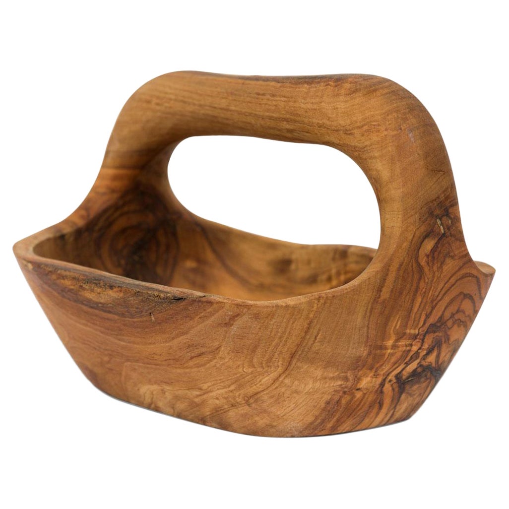 Contemporary Rustic Modern Organic Form Small Olive Wood Basket