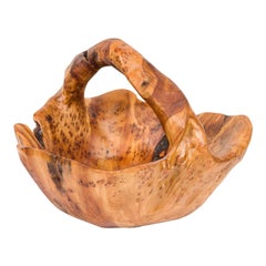 Contemporary Rustic Organically Shaped Olive Wood Basket with Handle
