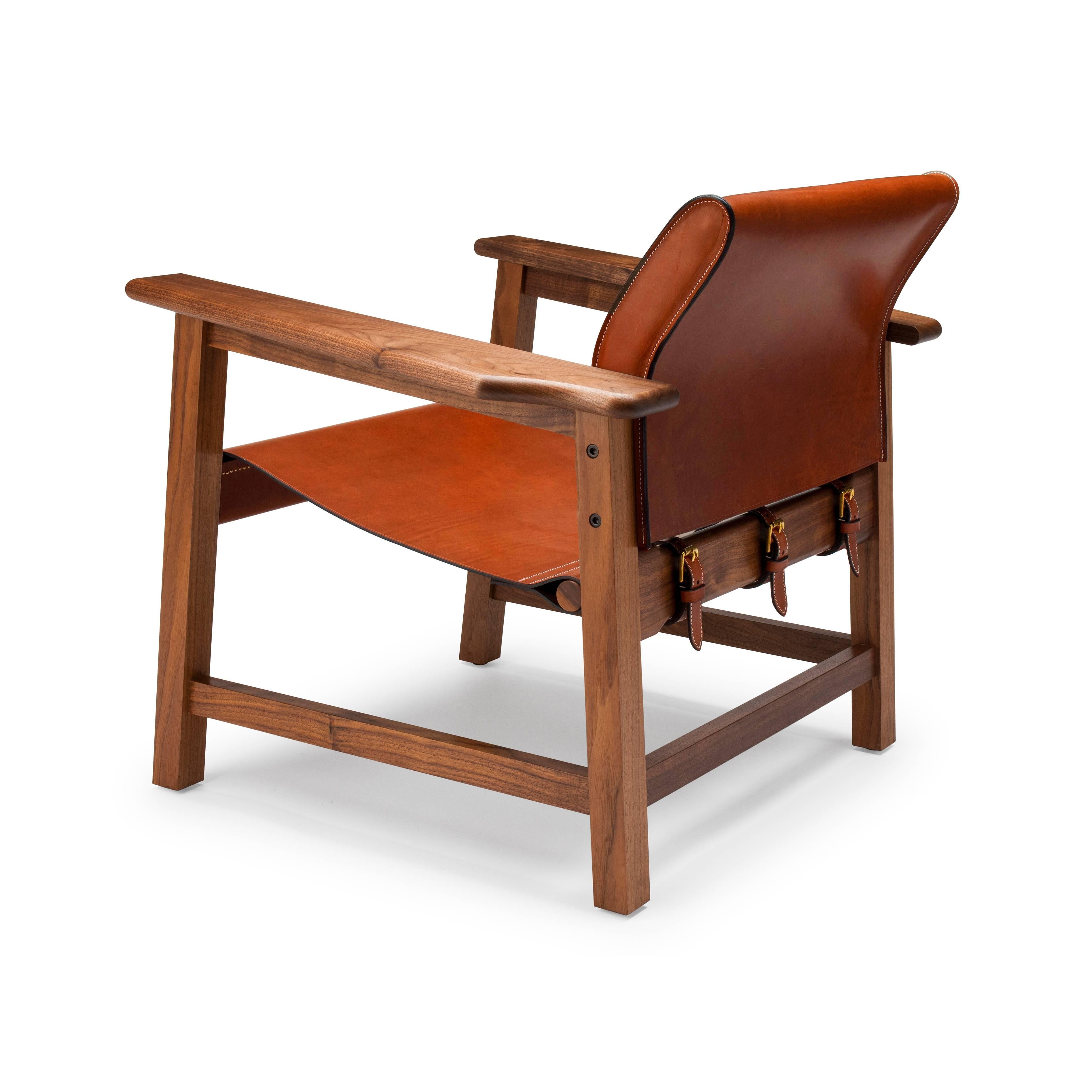 English Contemporary Saddle Up Armchair in Tan Saddle Leather and Natural Walnut For Sale