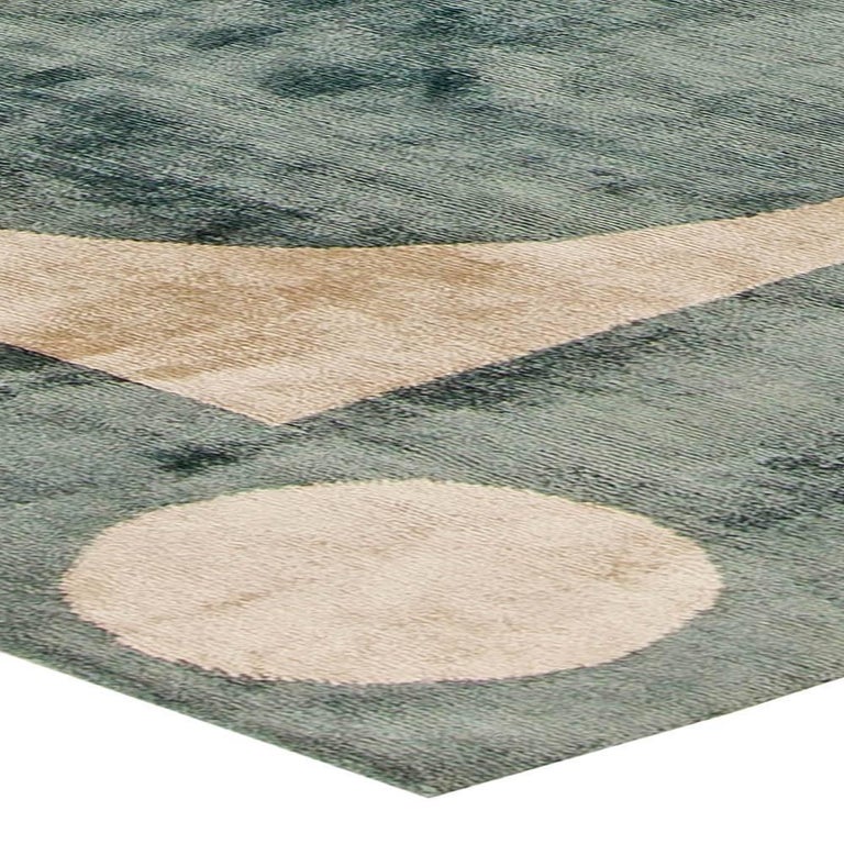 Contemporary Sage Green and Beige Checker Board Hand Knotted Silk Rug