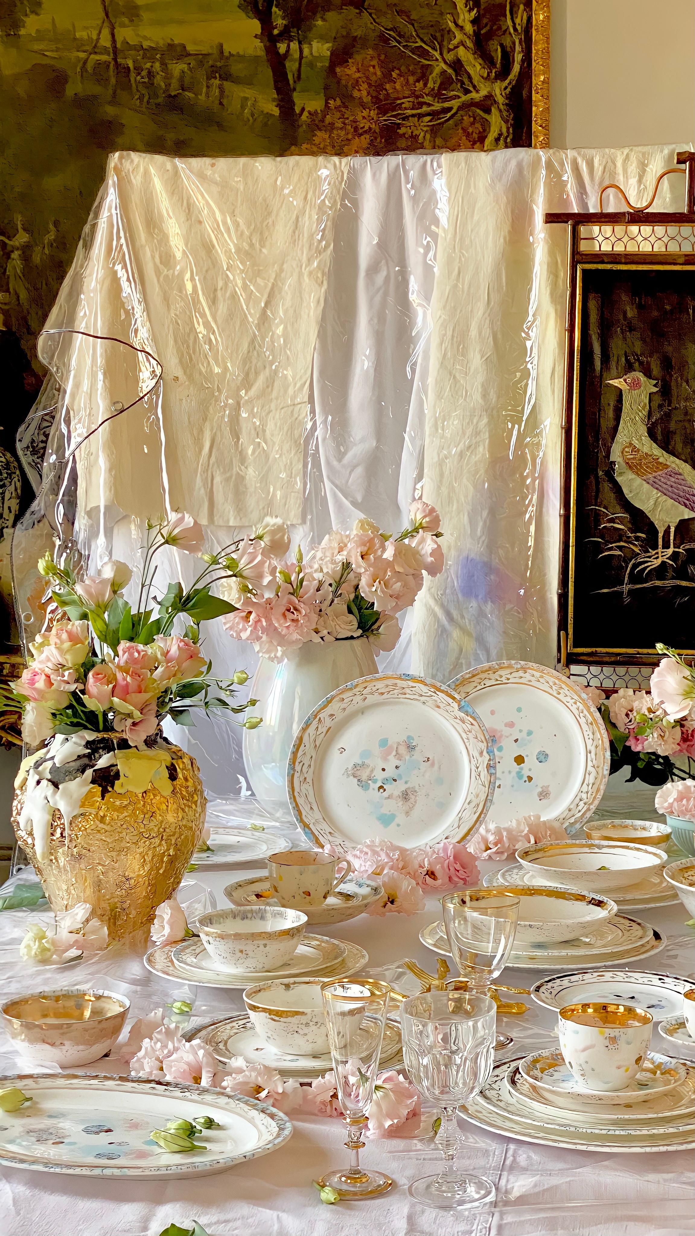 Ensaladera Contemporánea Plato de Porcelana Dorado Pintado a Mano Vajilla Moderno en venta