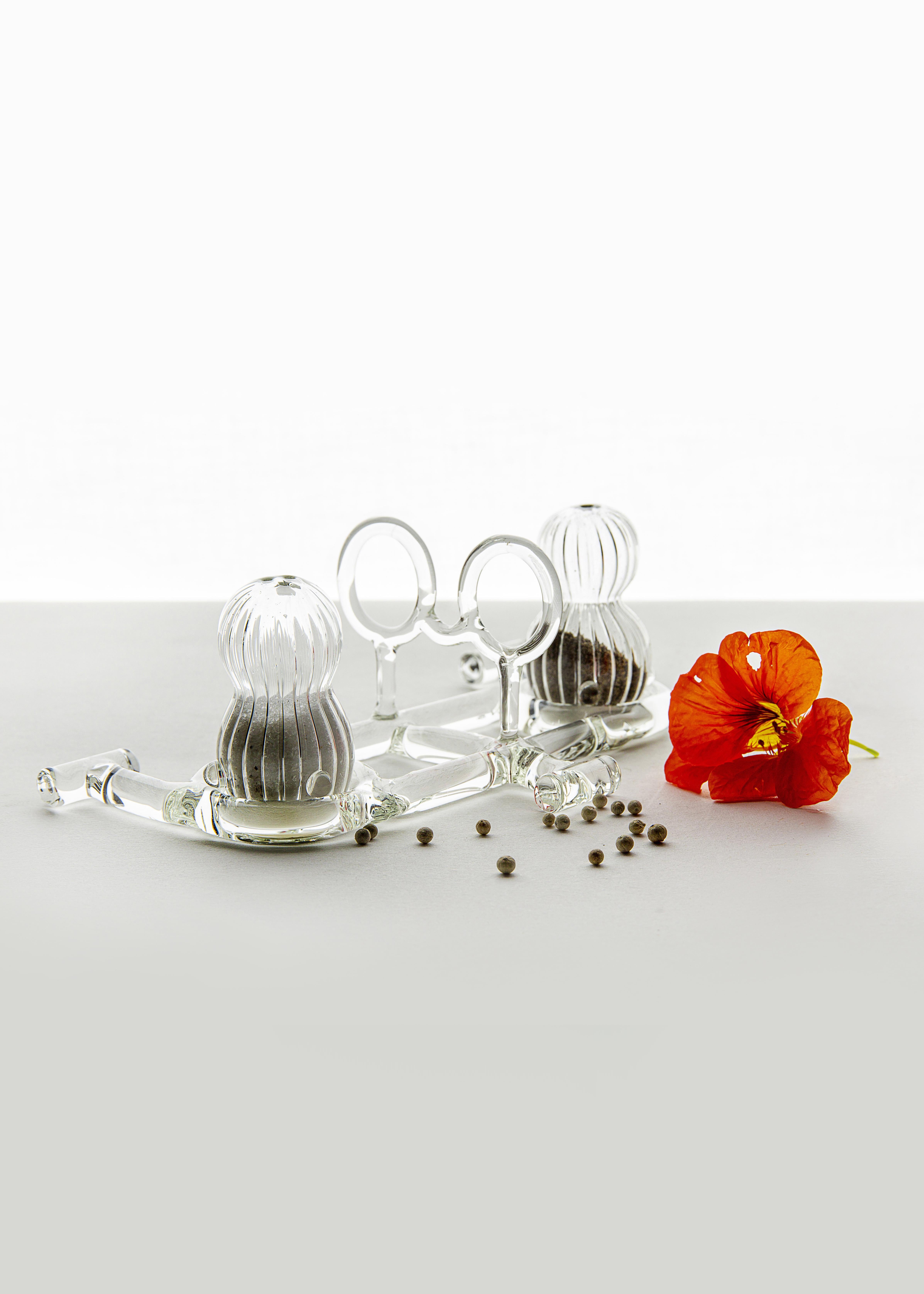 Modern Contemporary Salt and Pepper Shaker Tableware Kitchen Set Glass Handmade For Sale