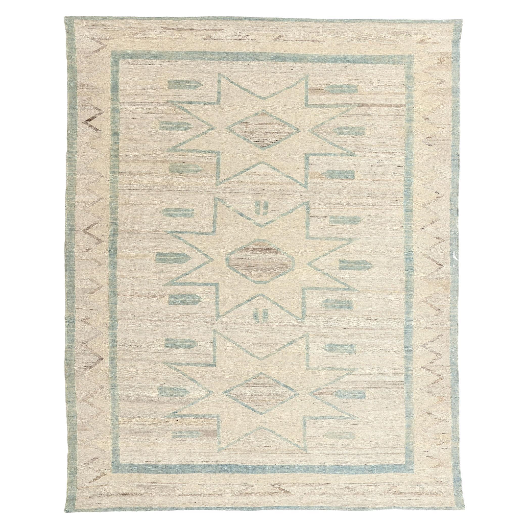 Alfombra contemporánea de tejido plano estilo navajo del suroeste del desierto de Santa Fe