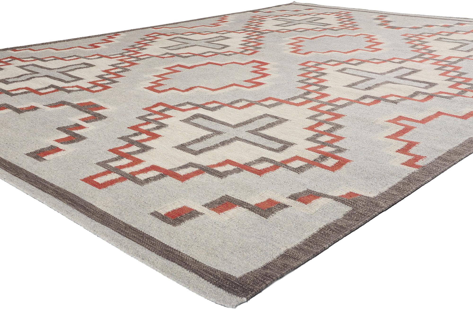 31085 Tappeto Kilim moderno del Sud-Ovest in stile Navajo, 10'05 x 14'01. Tappeti kilim in lana tessuti a mano del Sud-Ovest I tappeti kilim moderni in stile Navajo realizzati in India sono adattamenti contemporanei delle tecniche di tessitura e dei