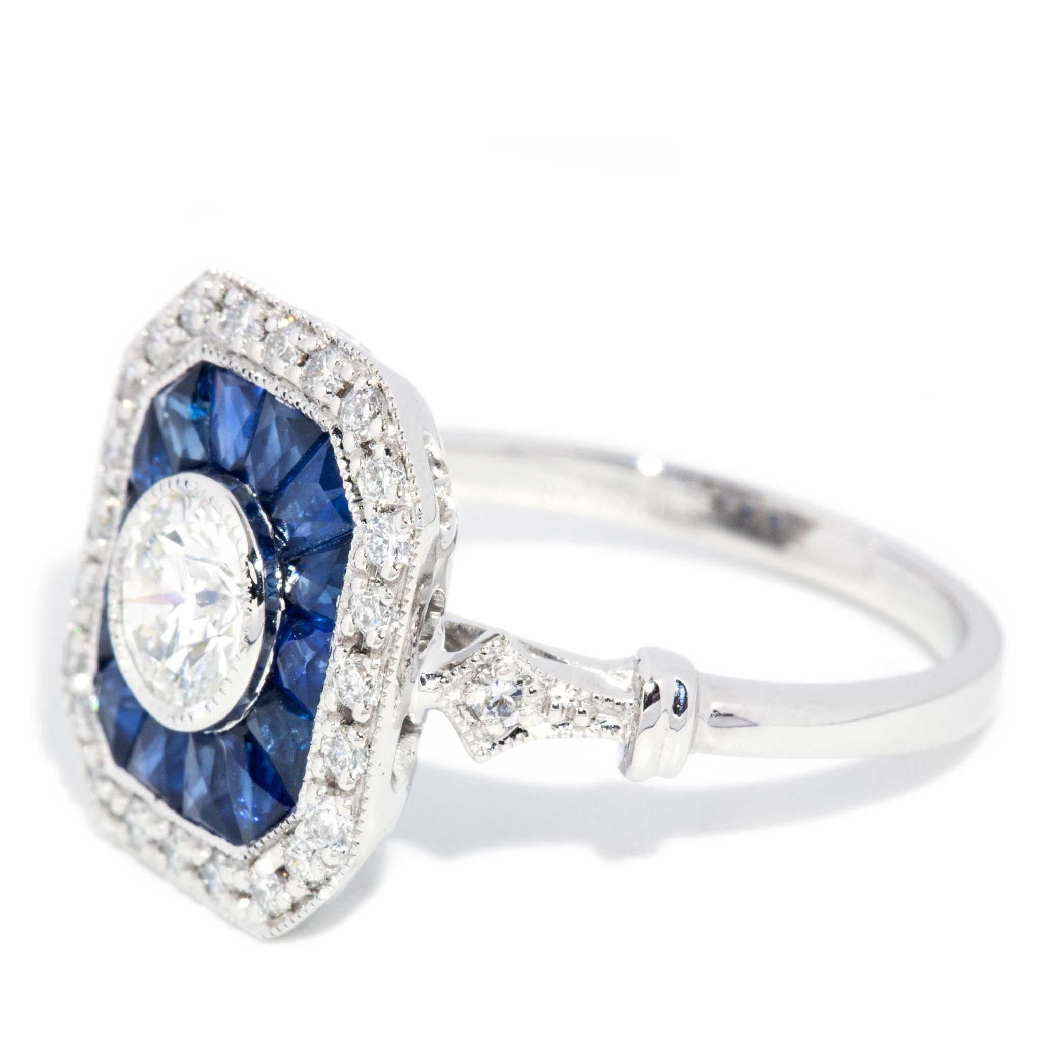 Anello contemporaneo con zaffiro e diamante da 1,14 carati di ispirazione Art Deco in oro bianco 18 carati in vendita 5